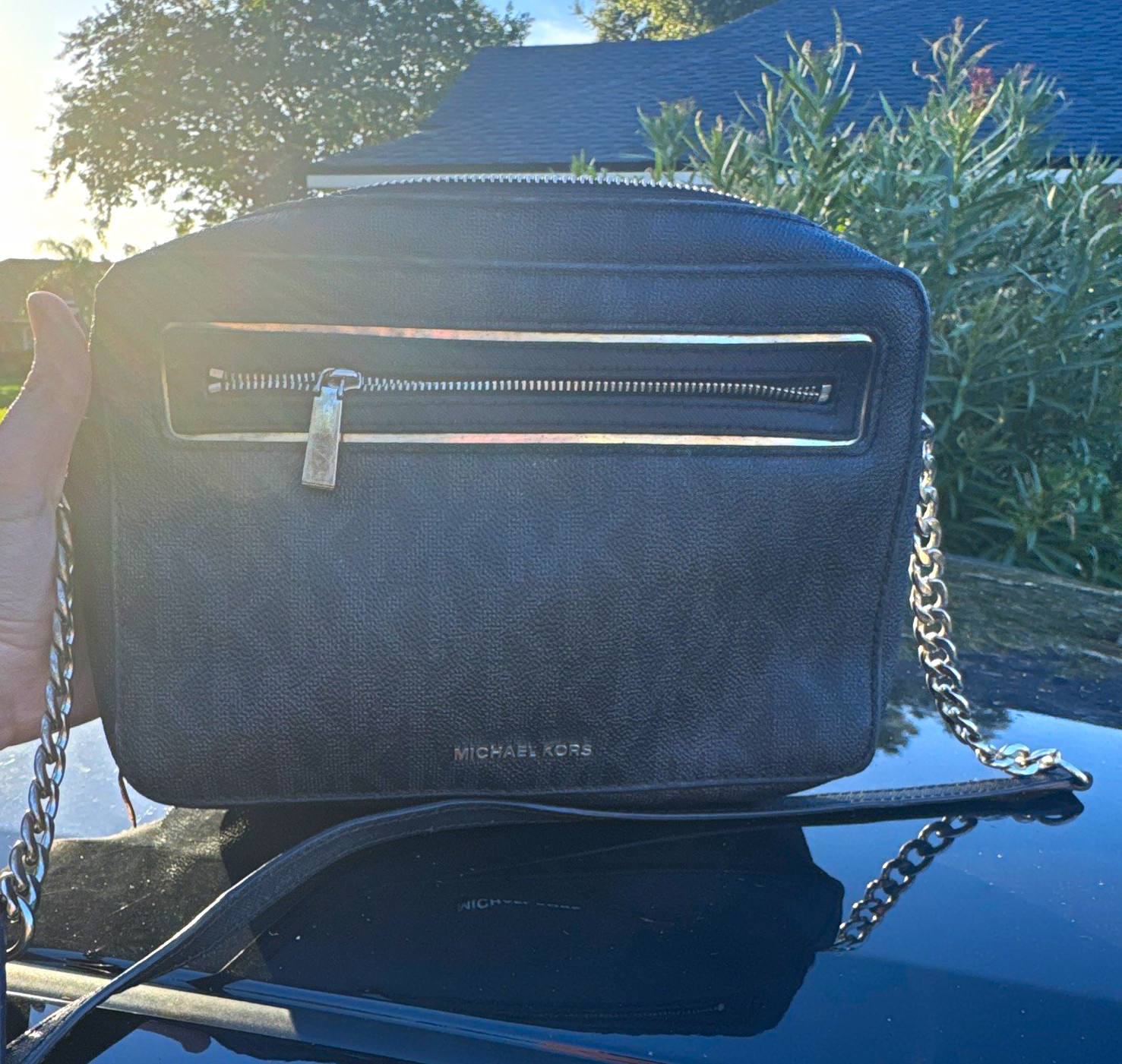 Michael Kors Small Black Crossbody Bag Zip Closure Silver Chain Detachable