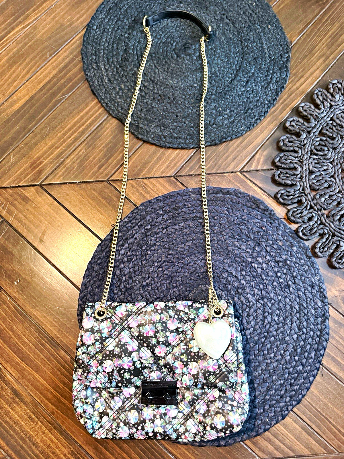 Floral Quilted Crossbody Bag Black/Multicolor Gold Chain Strap Heart Charm