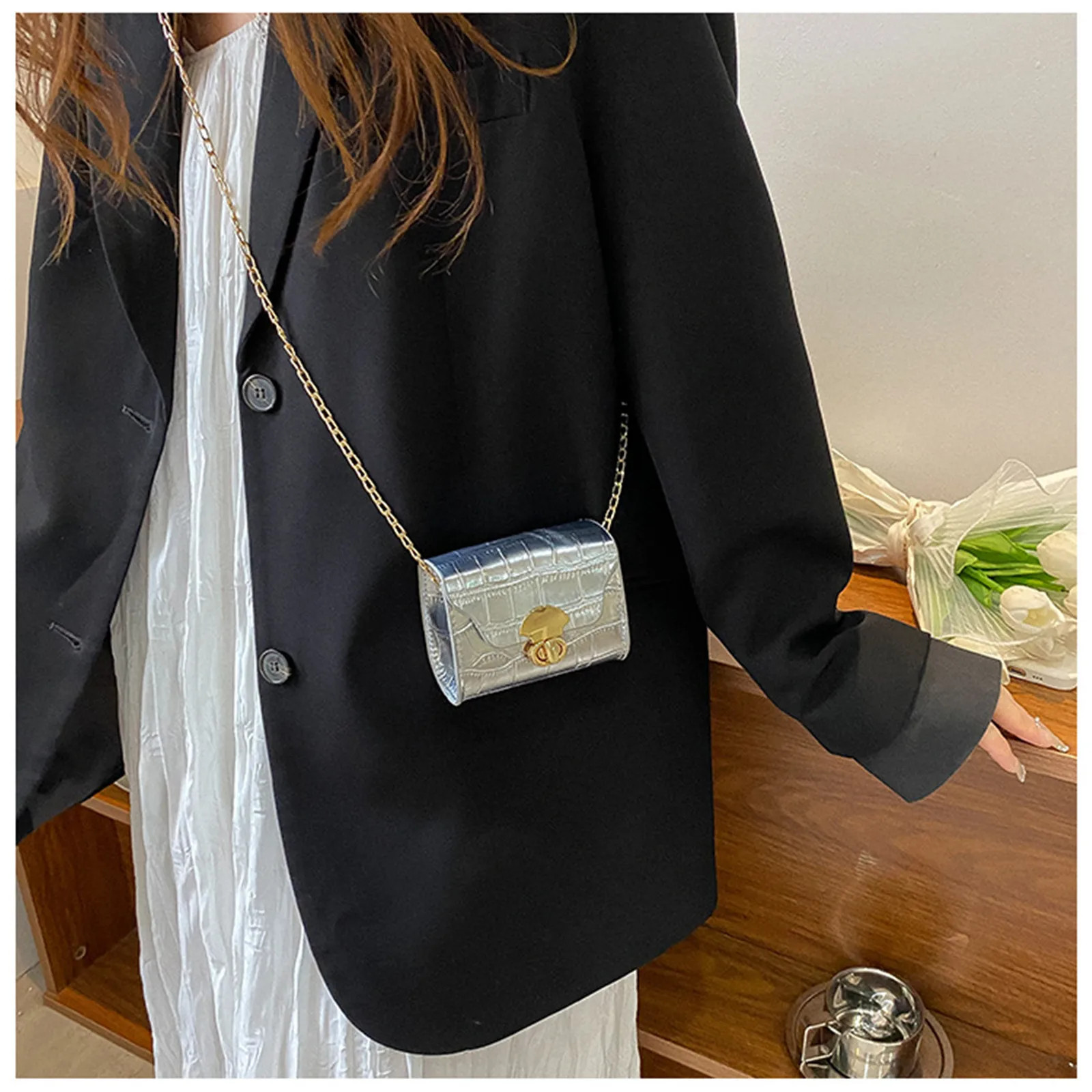 Korean Style Leather Bright Surface Shoulder Bag Chain Mini Crossbody Bag
