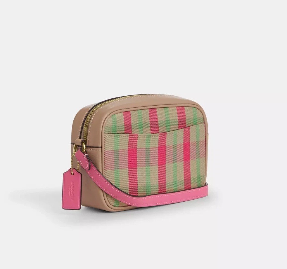 NWT COACH Mini Jamie Camera Bag With Plaid Print CBM37 Gold/Pink