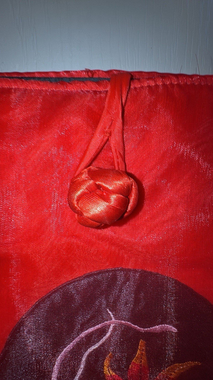 Vintage Asian Tote Handbag Red Satin Mesh Layer Koi Fish Embroidered Purse