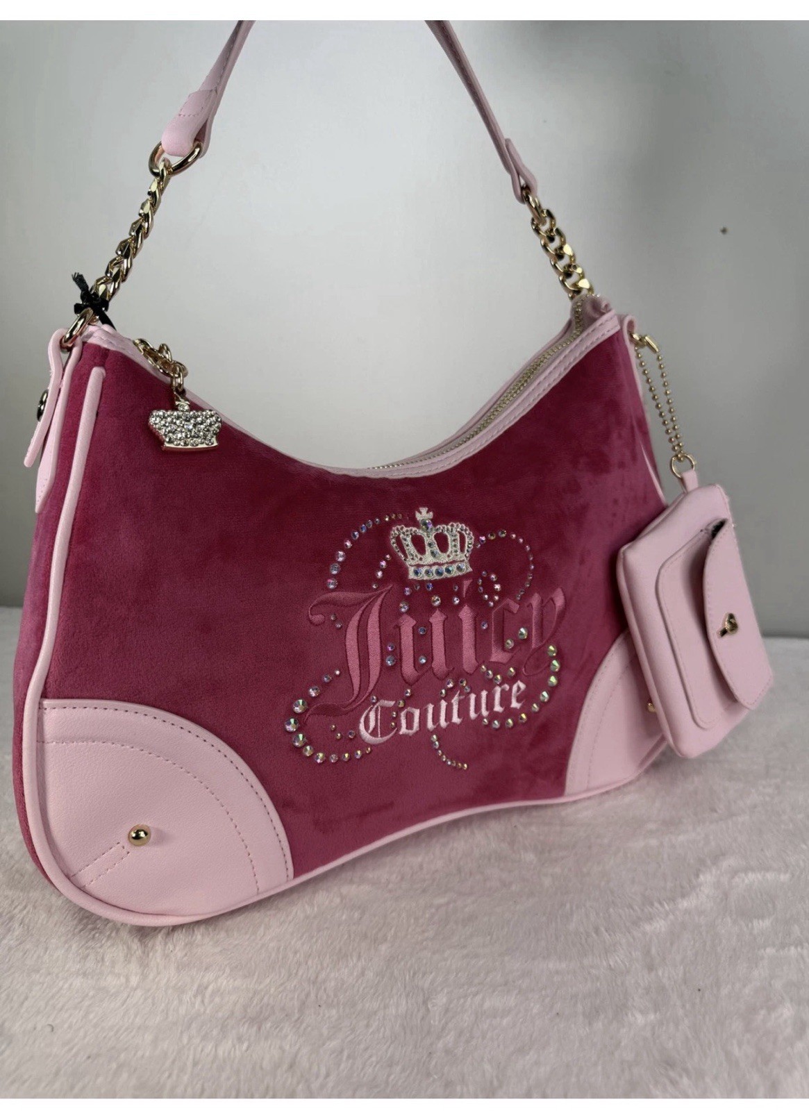 Juicy Couture Pink Logo Shoulder Bag Gold Chain Strap Zip Closure Coin Purse