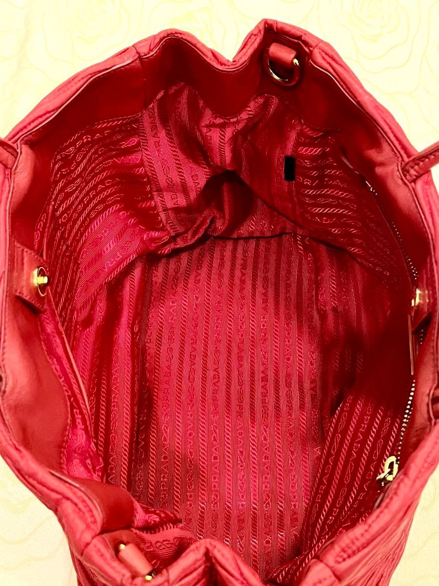 PRADA Esplanade 2Way Tote Bag Red Nylon Leather Shirring Large w/ Strap