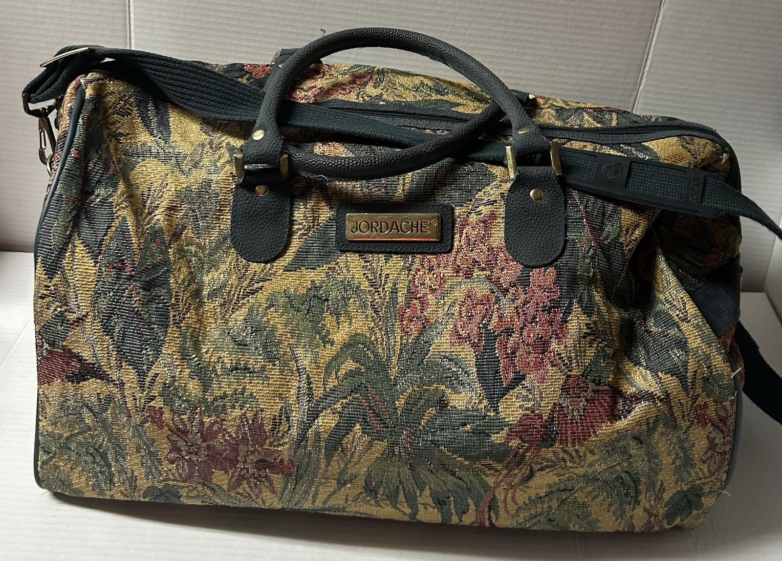 vintage Jordache floral amulti-colored botanical pattern and black faux leather