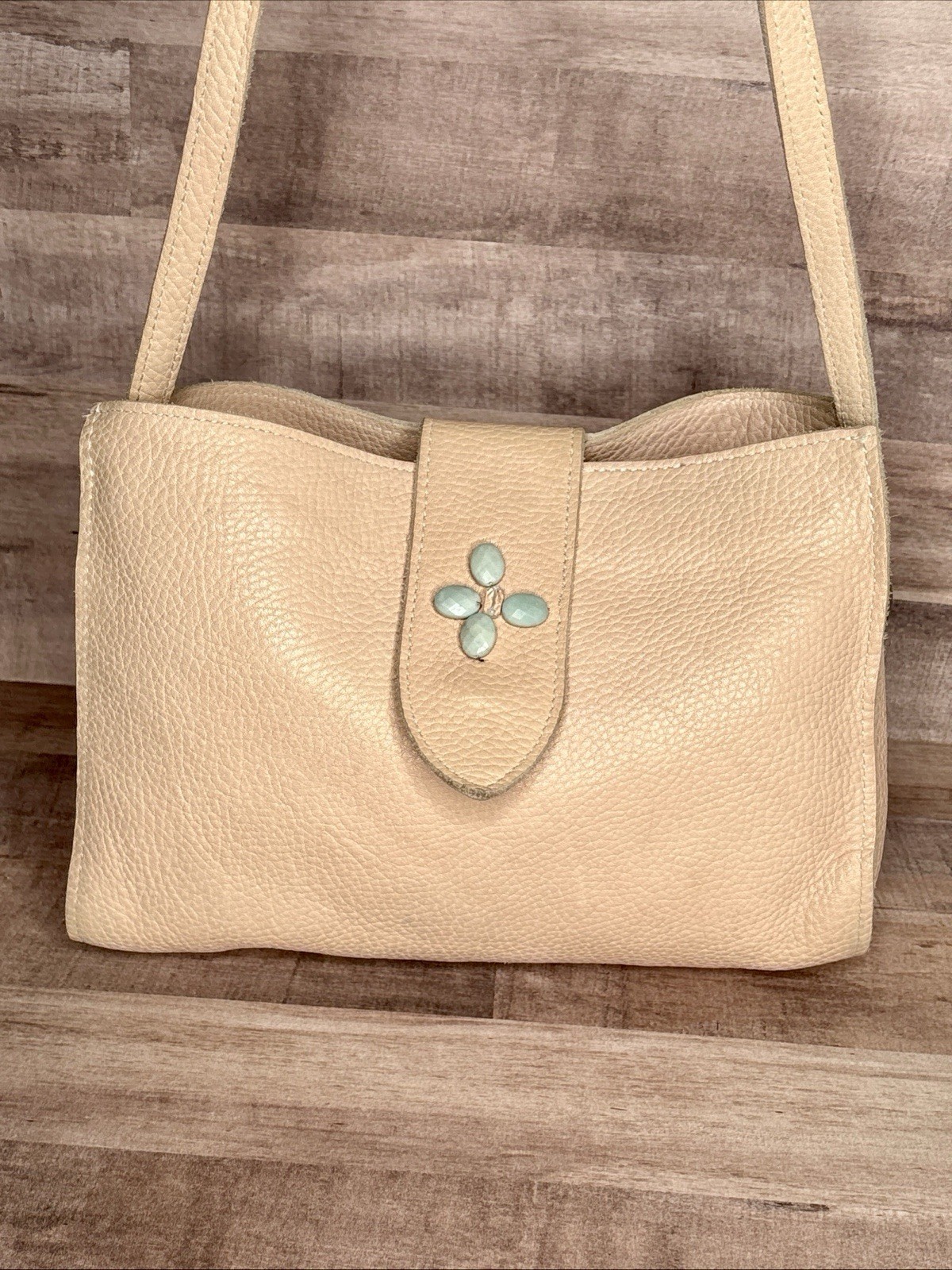 Two Bar West Leather Beige peach Cowhide shoulder bag Purse w/ Turquoise accent