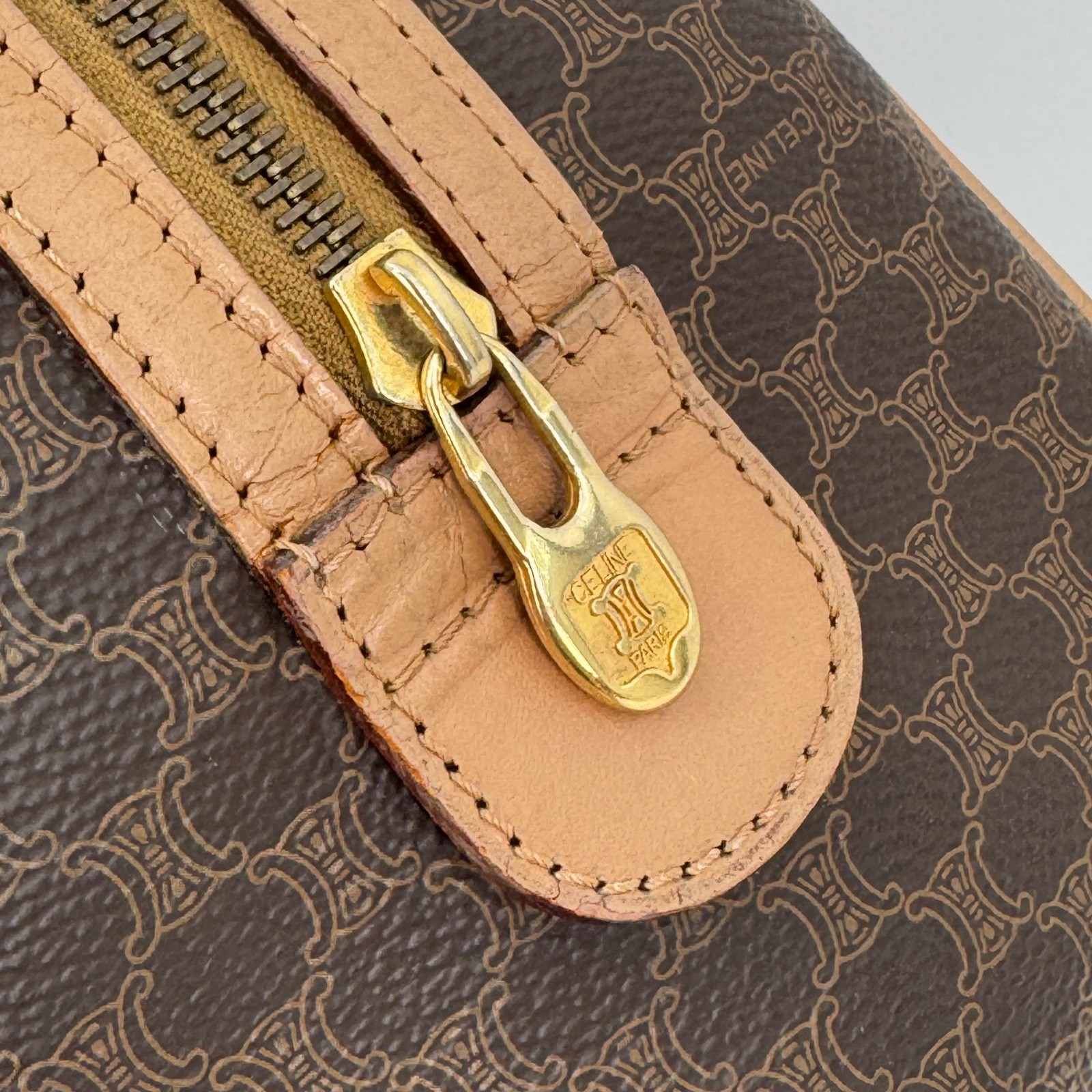 CELINE Mini Boston Bag Macadam PVC Leather Brown Vintage Authentic