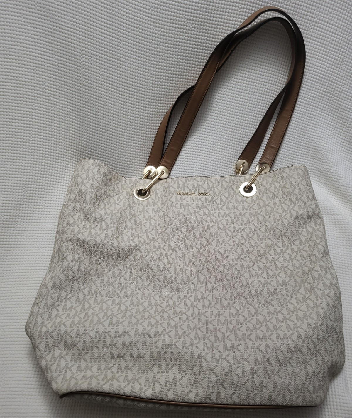 Michael Kors Beige Monogram Large Shoulder Tote Bag Brown Strap Gold Hardware