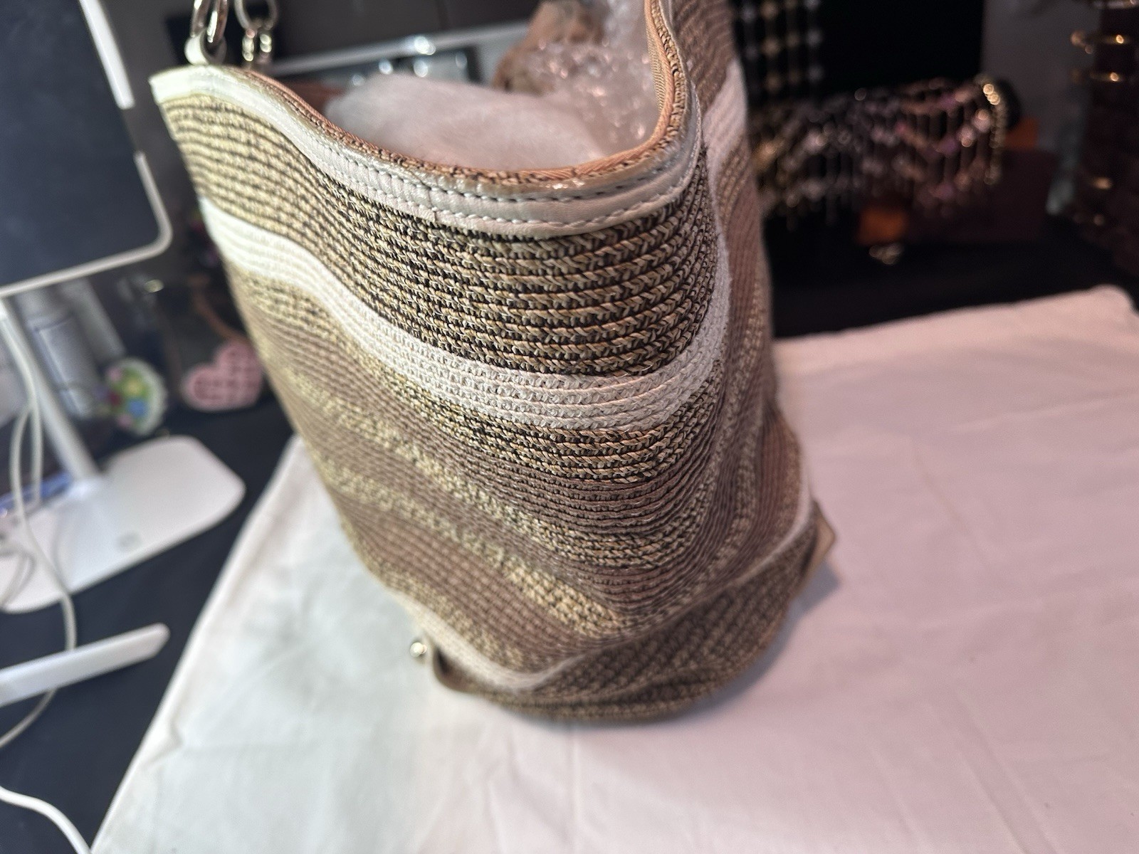 Burberry Blue Label Chain Tote Bag Straw Leather