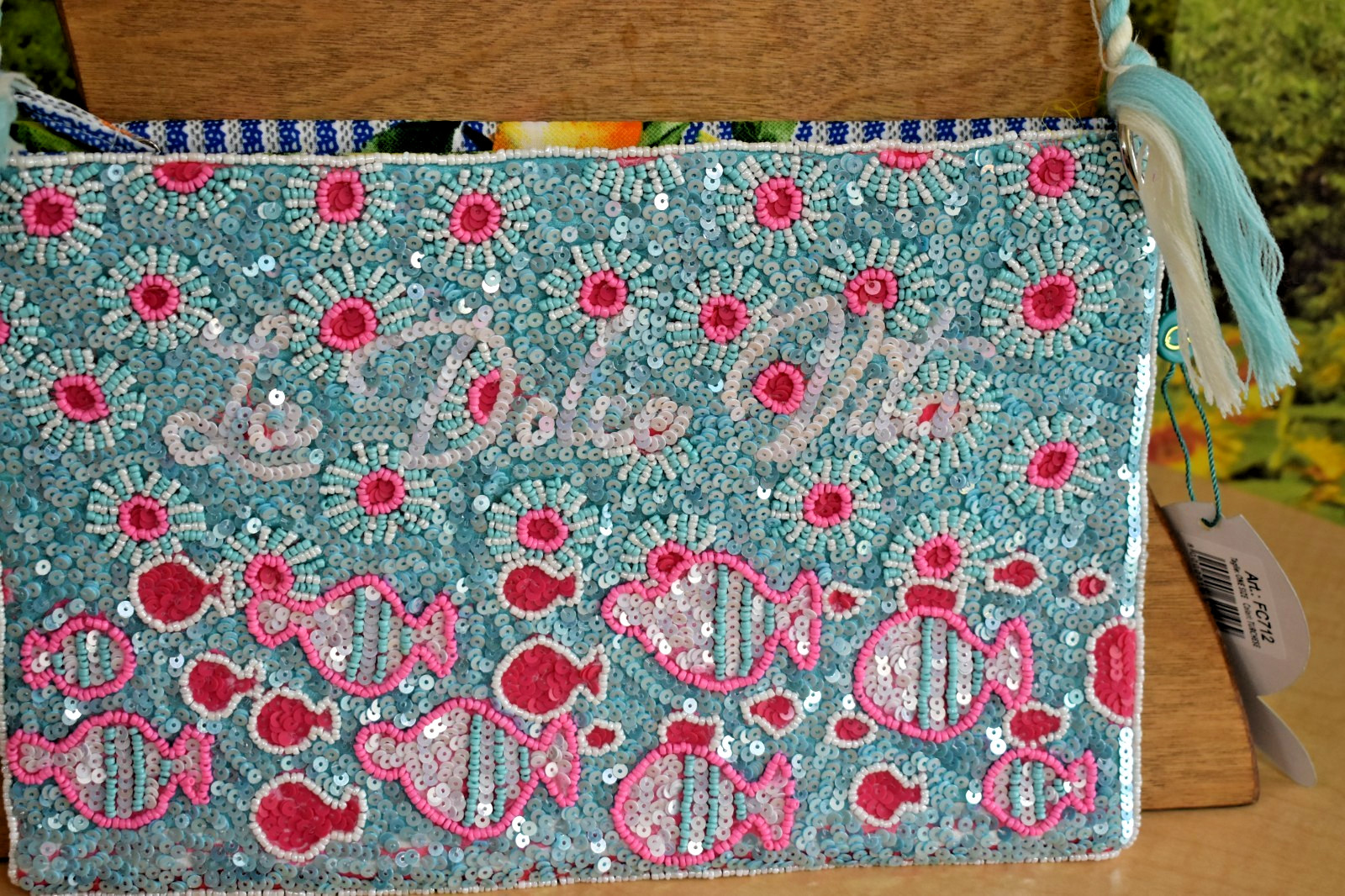ANTICA SARTORIA 2026 BEADED PURSE DOLCE VITA FISHY FISHY BLUE WITH PINK NWT