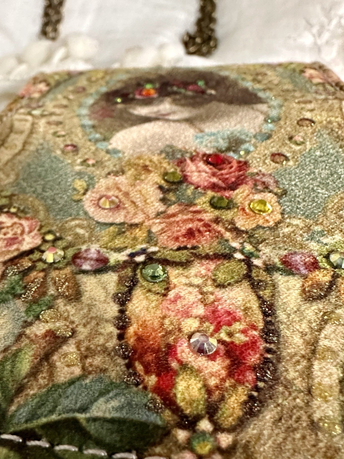 Michal Negrin printed leather w/Swarovski crystals cross body purse on chain