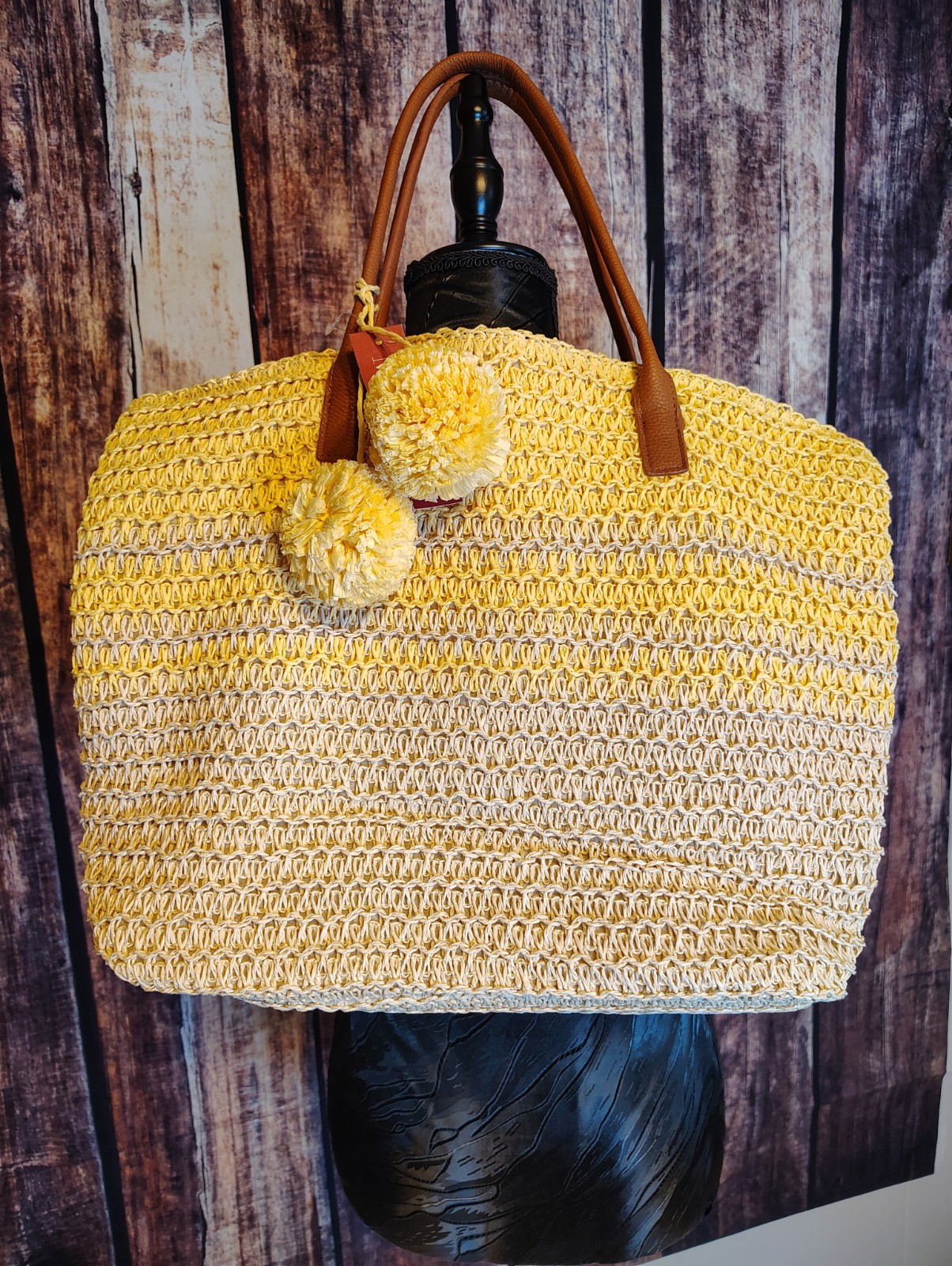 MERONA Zipper Closure Large tan and yellow Tote Purse BAG Carry On BEACH NWT