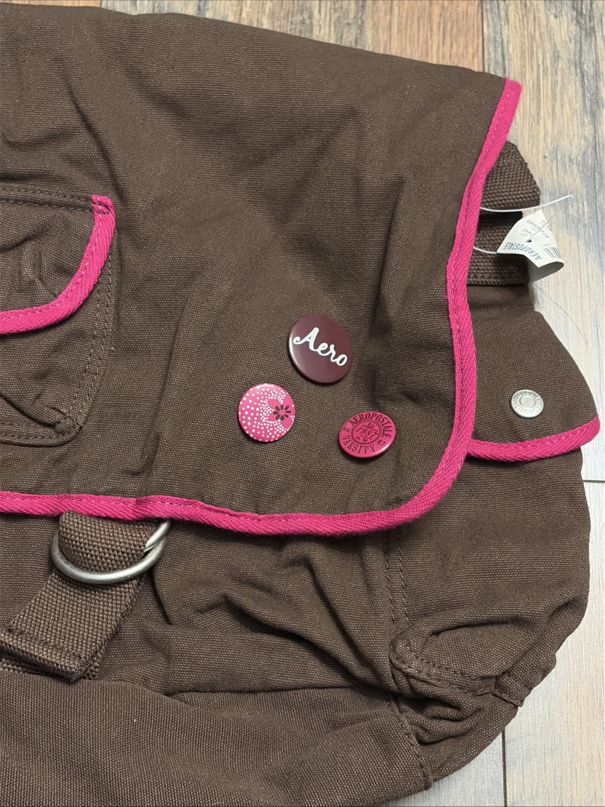 Aeropostale Brown Messenger School Bag With Buttons And Pink Trim Box1-12