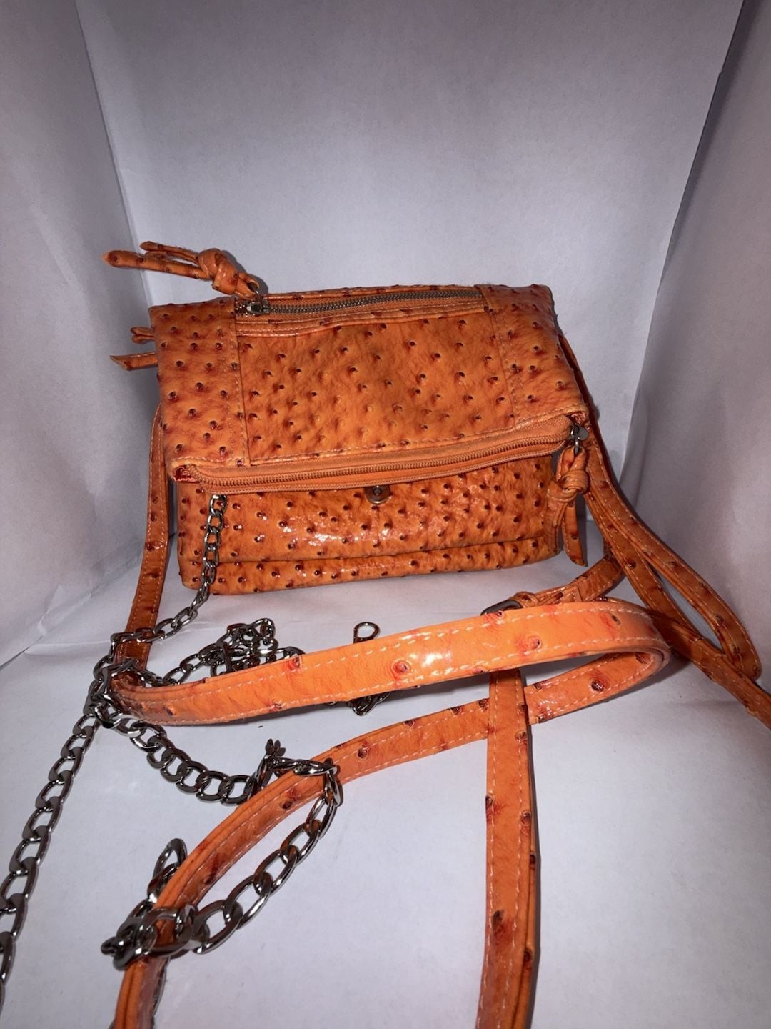 Braciano Orange Ostrich Embossed Vegan Leather Multi-Pocket Crossbody Bag
