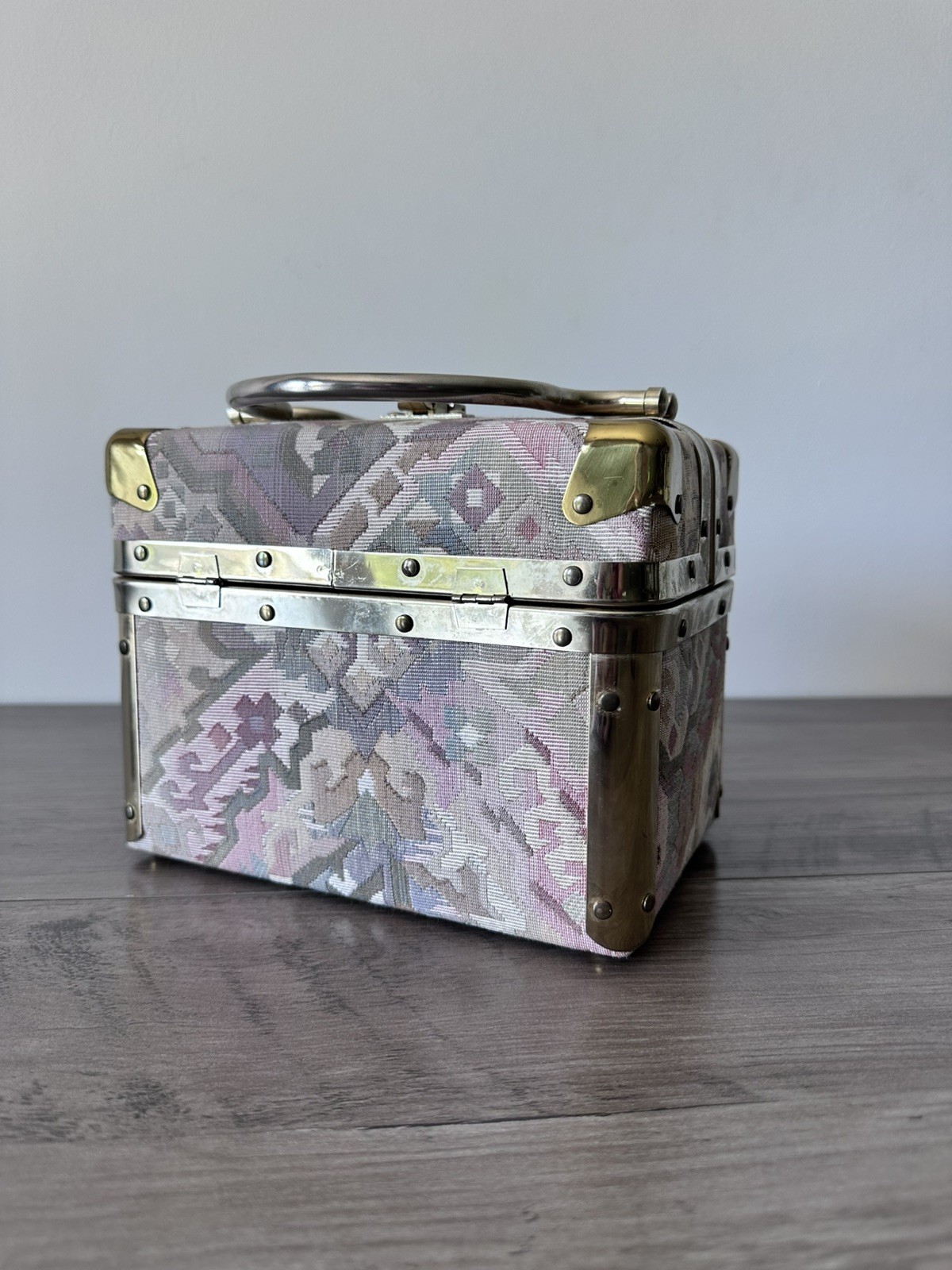 Vintage Delill Tapestry Box Purse Floral Carpet Bag Brass Frame Top Handle