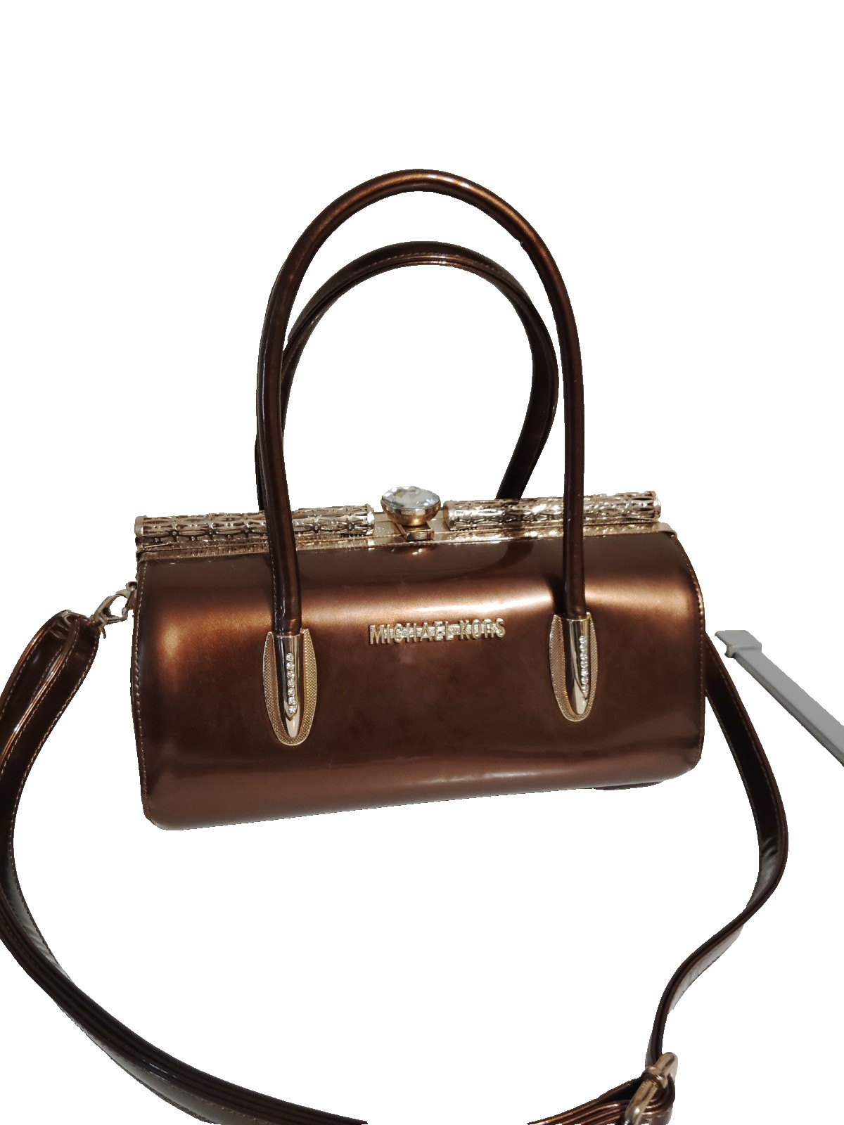 MICHAEL KORS BROWN BARELL SATCHEL HANDBAGS GOLD TONE CRYSTAL CLASP LUXURY WEAR