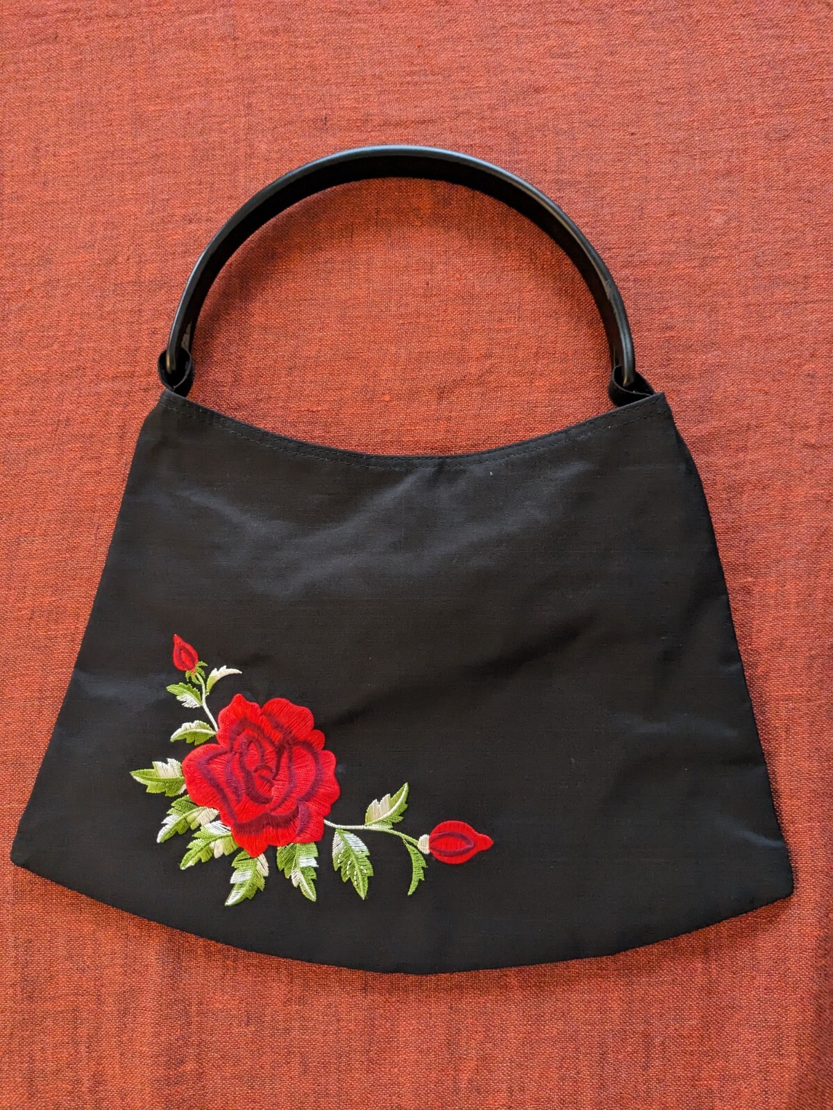 ROSA synthetic silk taffeta black handbag with floral embroidery