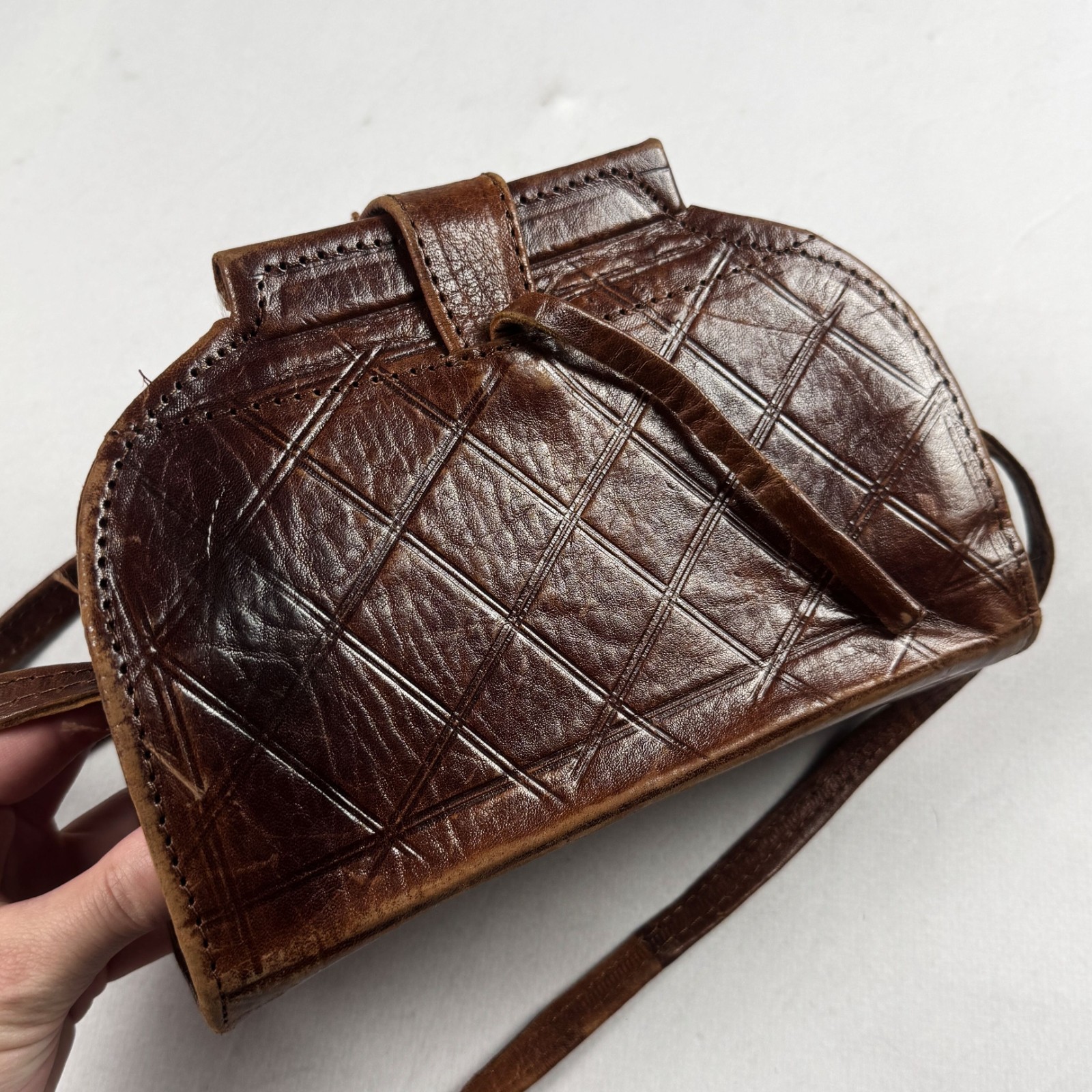 Vintage Brown Genuine Leather Tooled Crossbody Shoulder Bag Boho Western Handmad