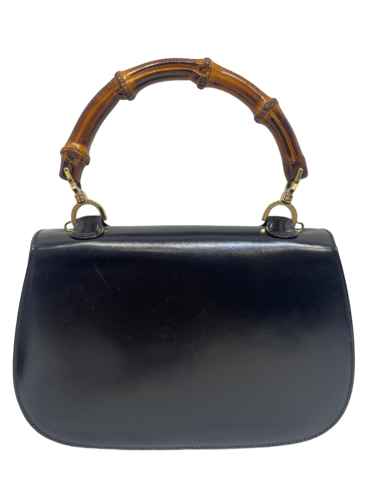 Authentic Gucci Bamboo 1947 Small Top Handle Shoulder Bag Black Leather Used