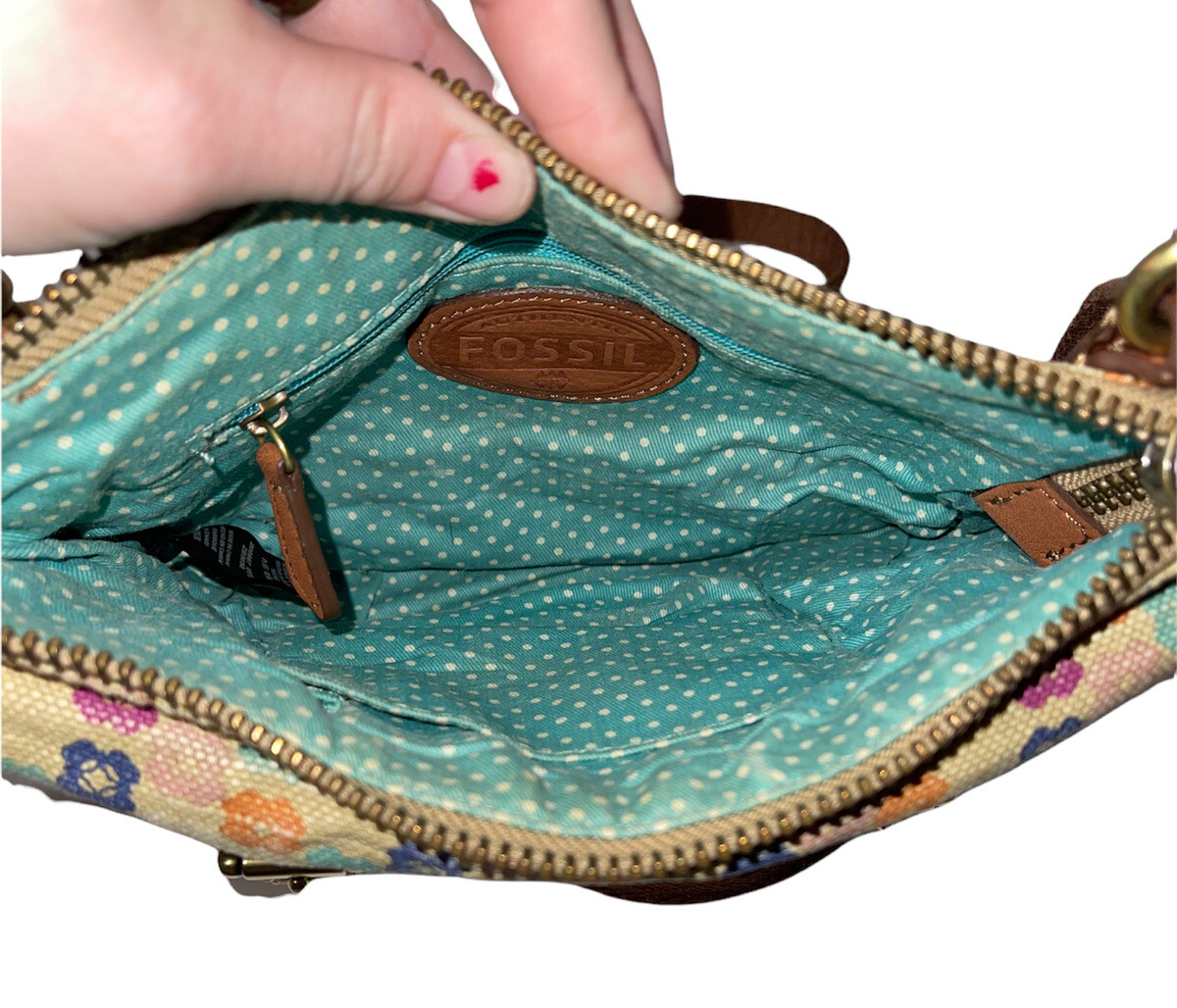 Fossil Crossbody Bag Fabric Canvas Multicolor Floral Leather Trim