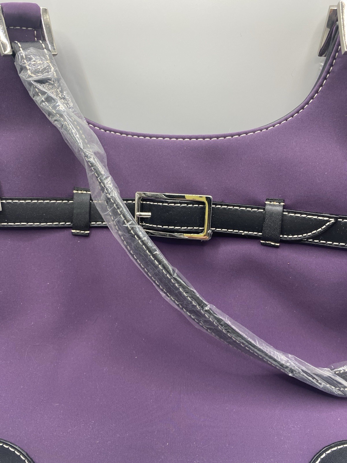 MAXX NEW YORK BLACK LEATHER TRIM PURPLE TOTE DOUBLE SHOULDER STRAPS NEW