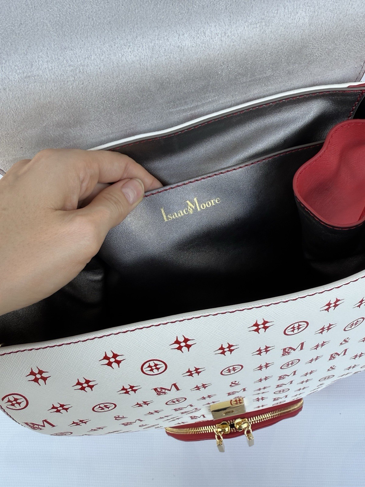 Isaac & Moore Luxury Leather Backpack – Designer, Exclusive, Red/White, Rare