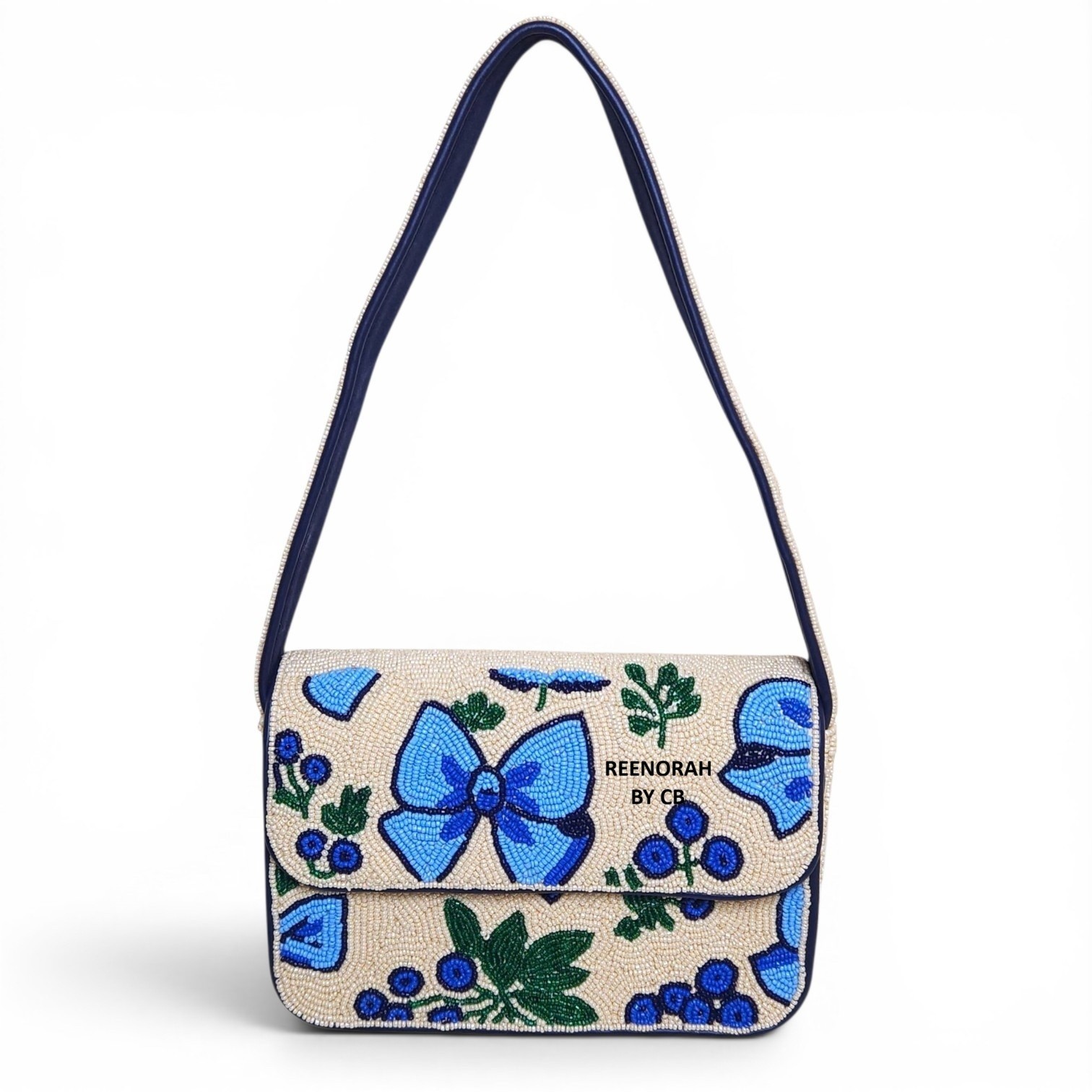 Handmade Blue Floral Beaded Shoulder Bag, Embroidered Canvas Purse