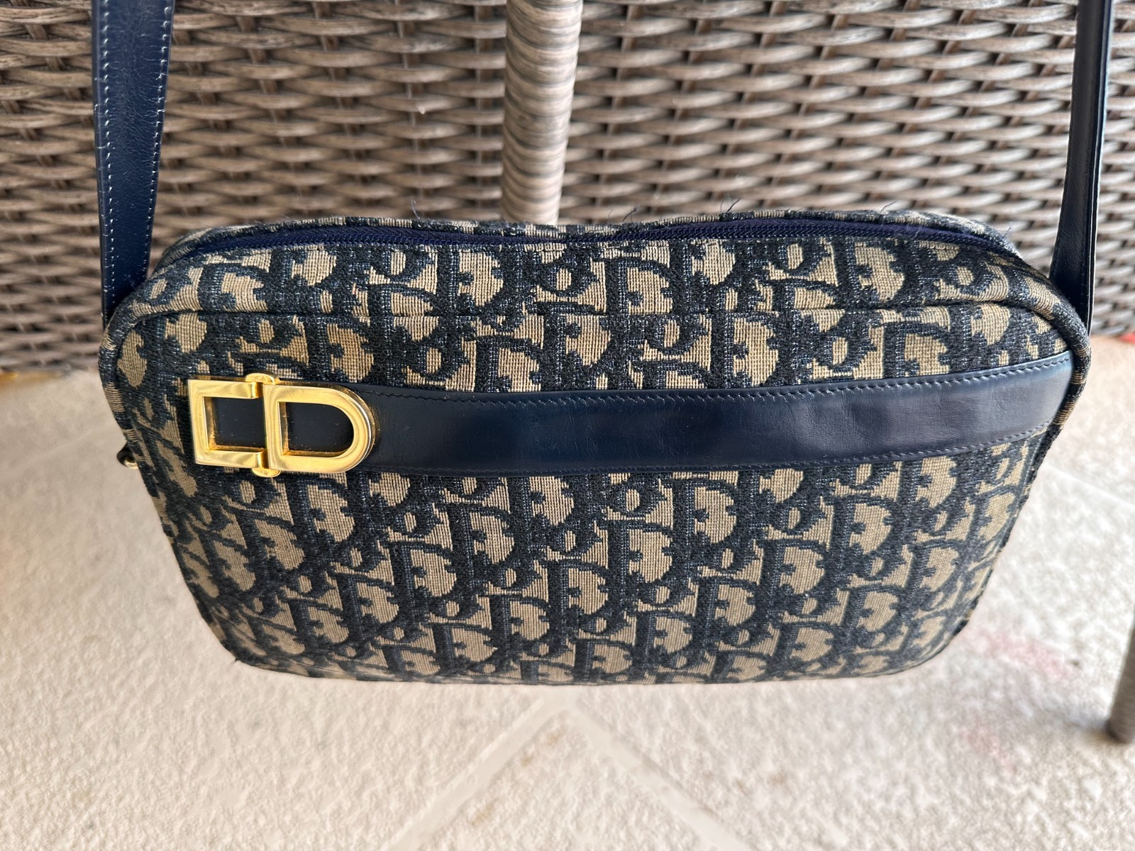 Dior Blue Black Monogram Shoulder Bag with Gold Hardware