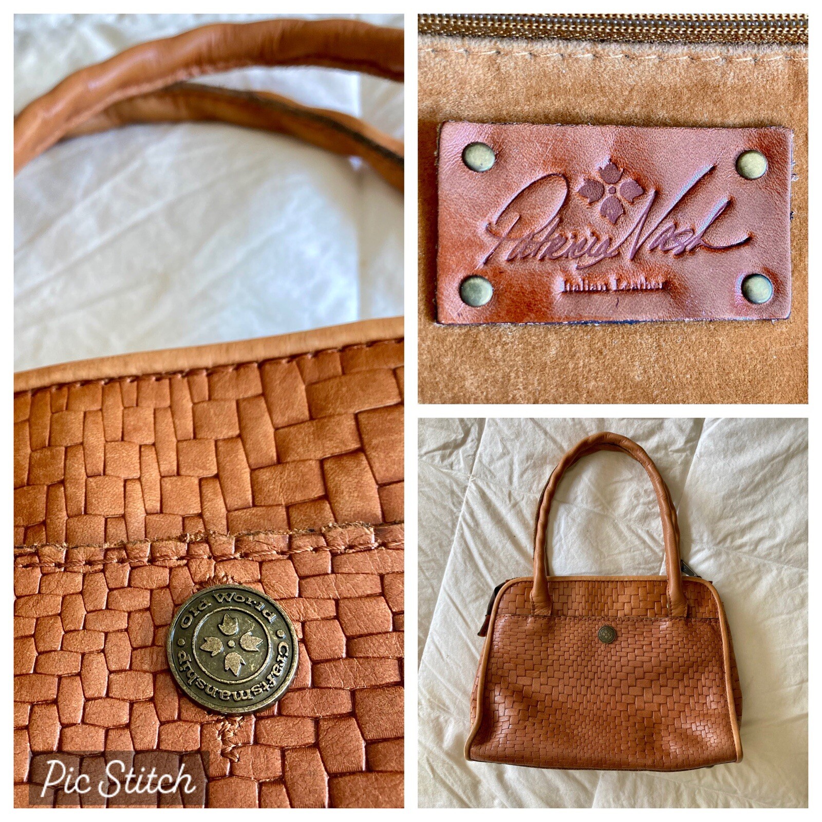 Patricia Nash Genuine Italian Leather Basketweave Handbag Caramel Cognac Brown