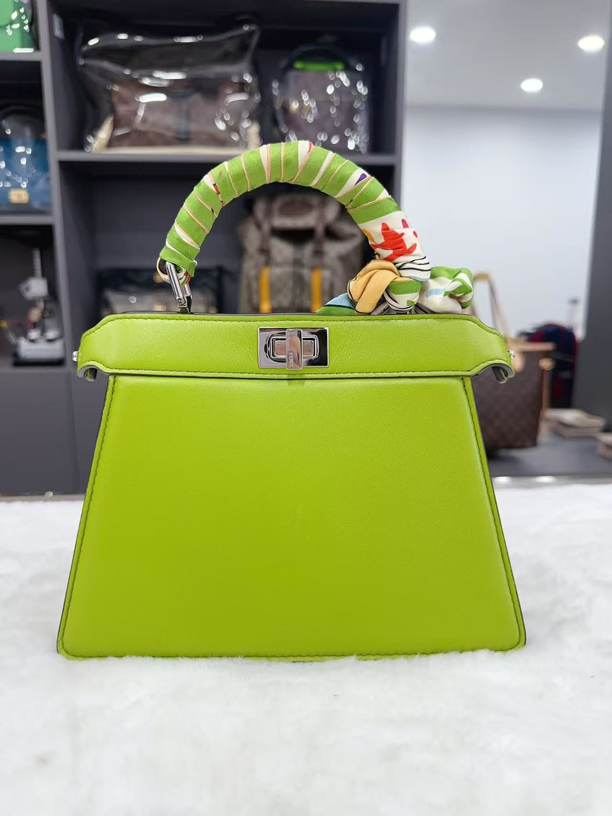 Fendi Peekaboo Mini Top Handle Bag Lime Green Smooth Calfskin Silver Twist Lock