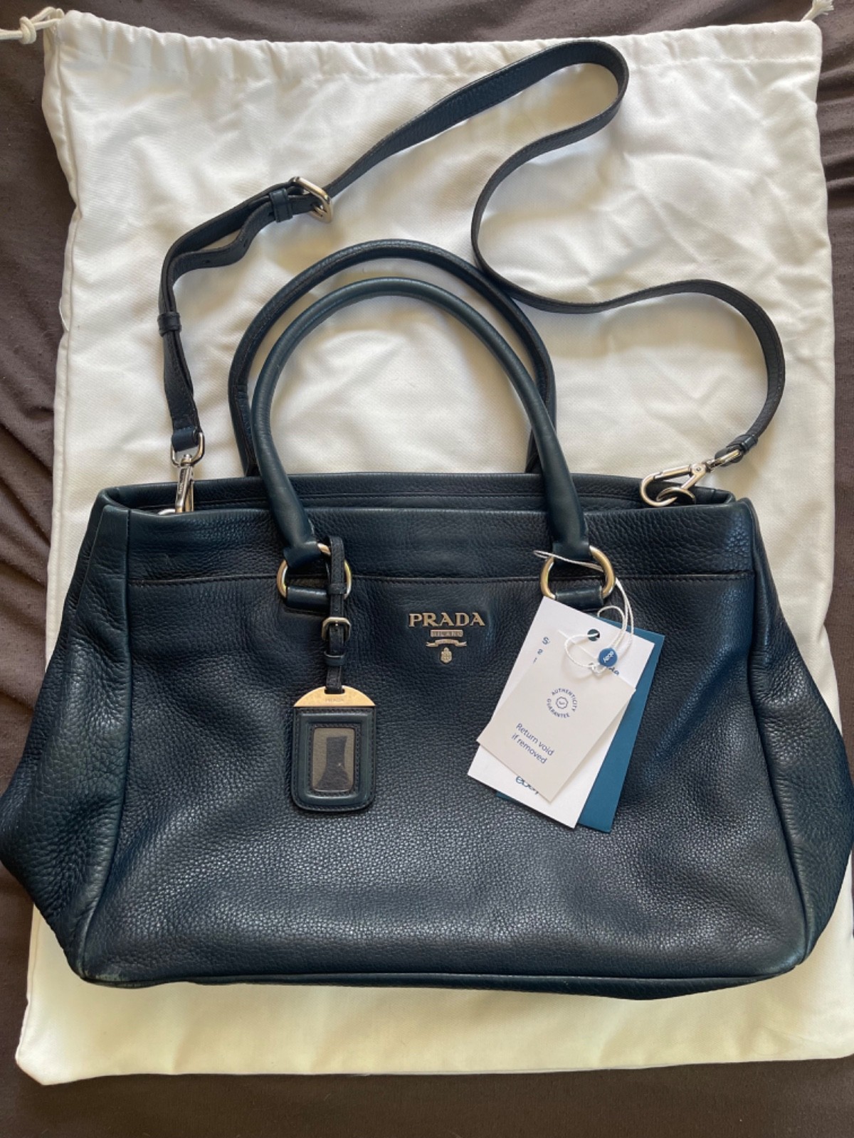 Genuine Prada Vitello Daino blue leather shoulder bag with silver hardware
