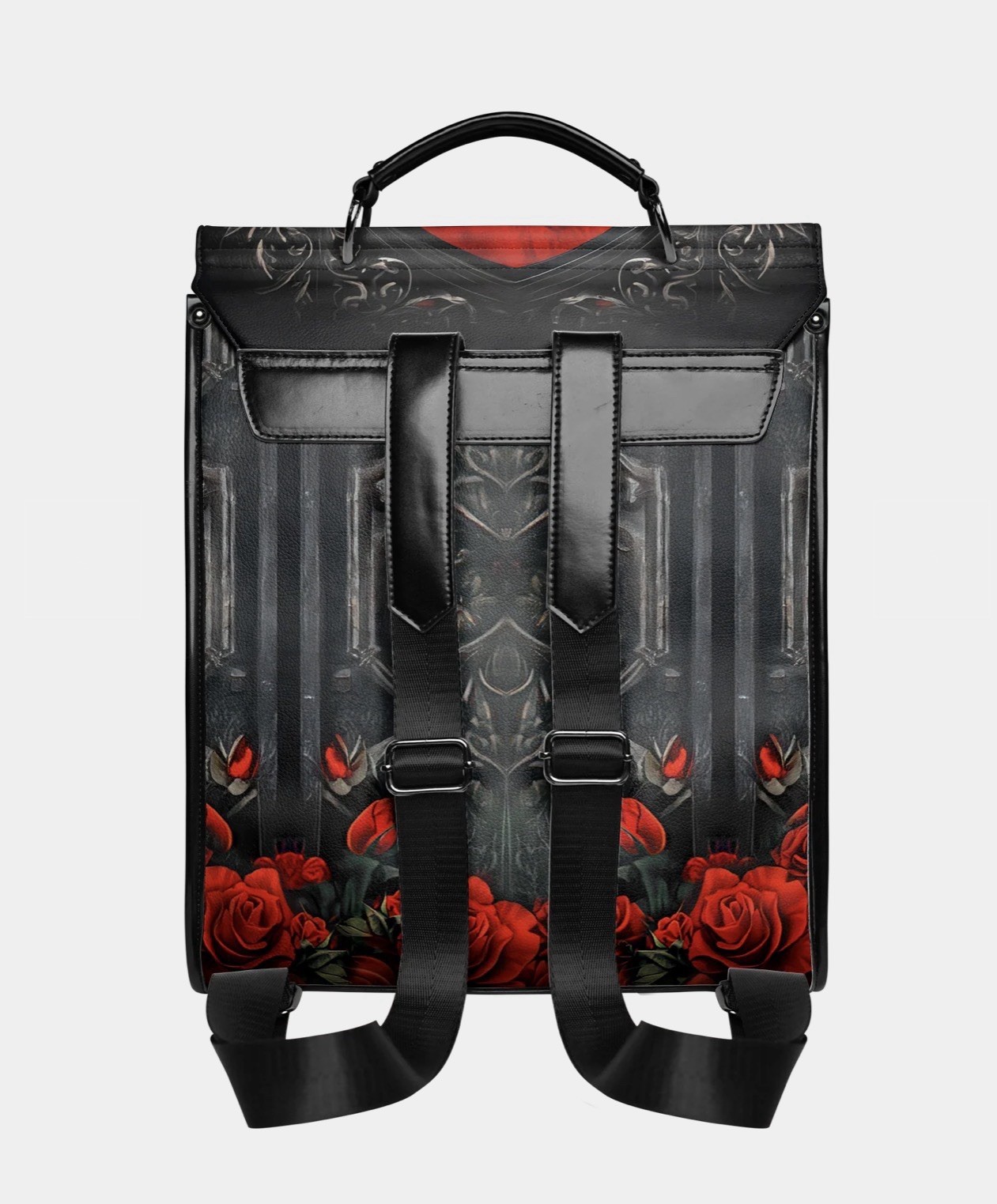 Black Cat & Red Rose Floral Backpack Top Handle Buckle Closure Adjustable Strap