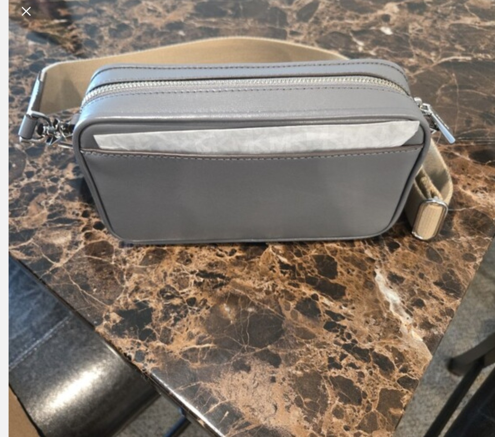 Michael Kors Gray Small Crossbody Bag Beige Strap Silver Hardware Zip Buckle