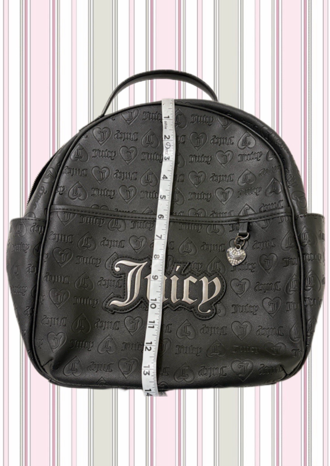 Juicy Couture Black Logo Embossed Backpack Purse, Zip, Charm, Pockets