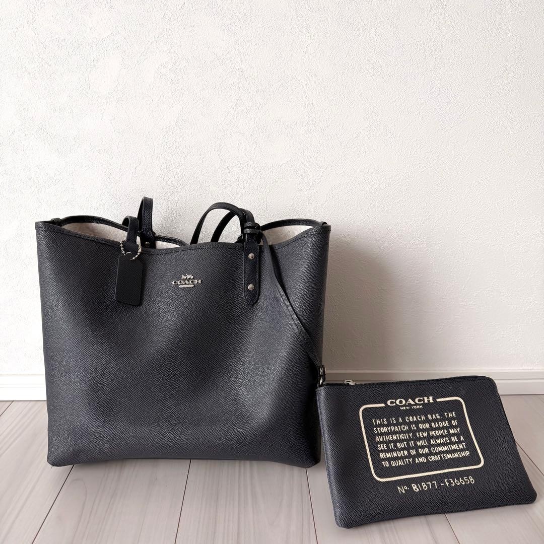 COACH F36658 Reversible City Tote PVC Canvas Leather Navy White Rare Authentic