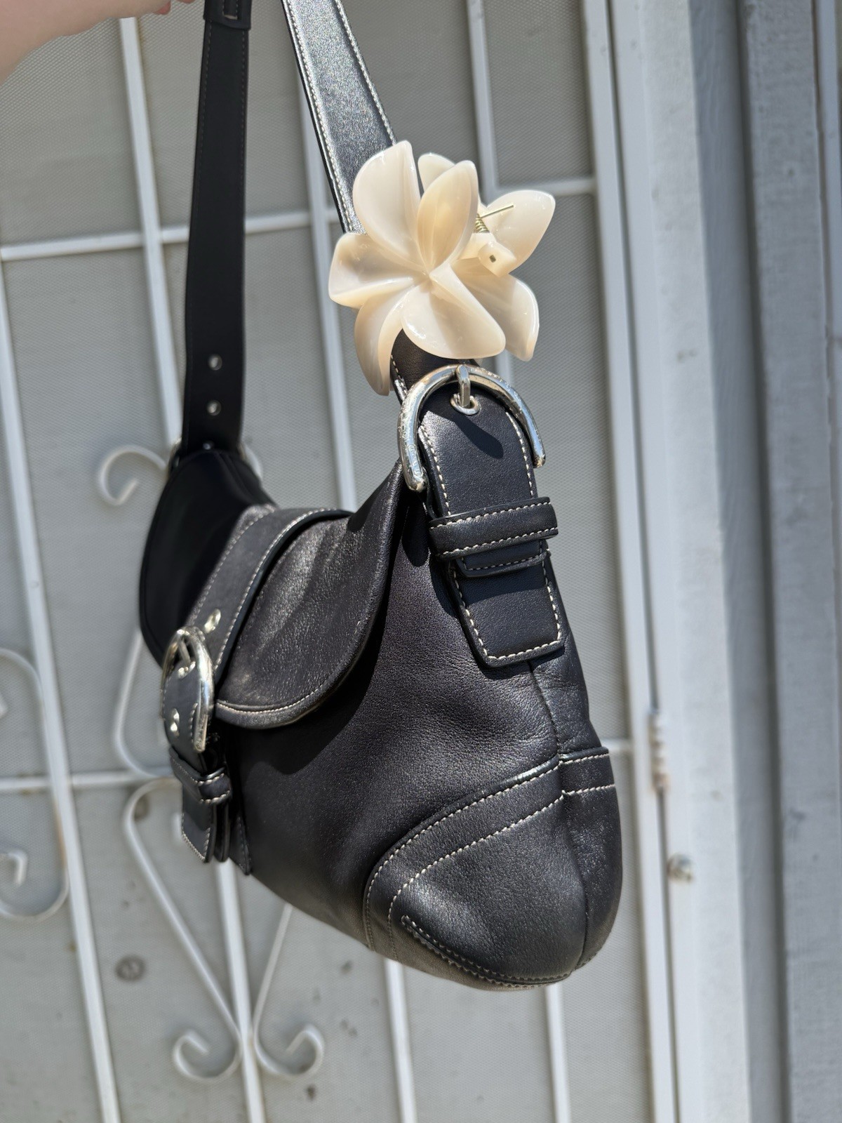 Coach Black Medium Crescent Shoulder Bag Magnetic Flap Silver Buckle Charm