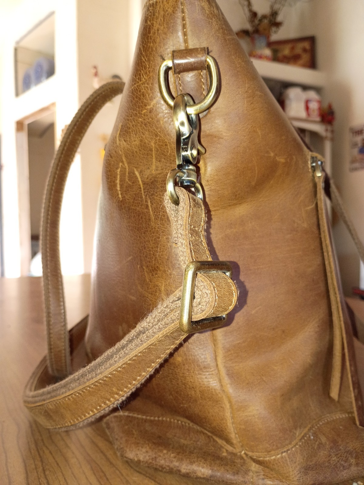 Genuine Leather S Zone Tote Purse, Bag with Zipper Closure Burnt Sienna