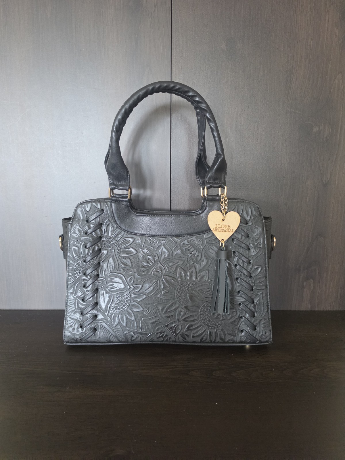 Sunflowers Black Stitched Embossed Tooled Artisan LEATHER Purse Crossbody Bag