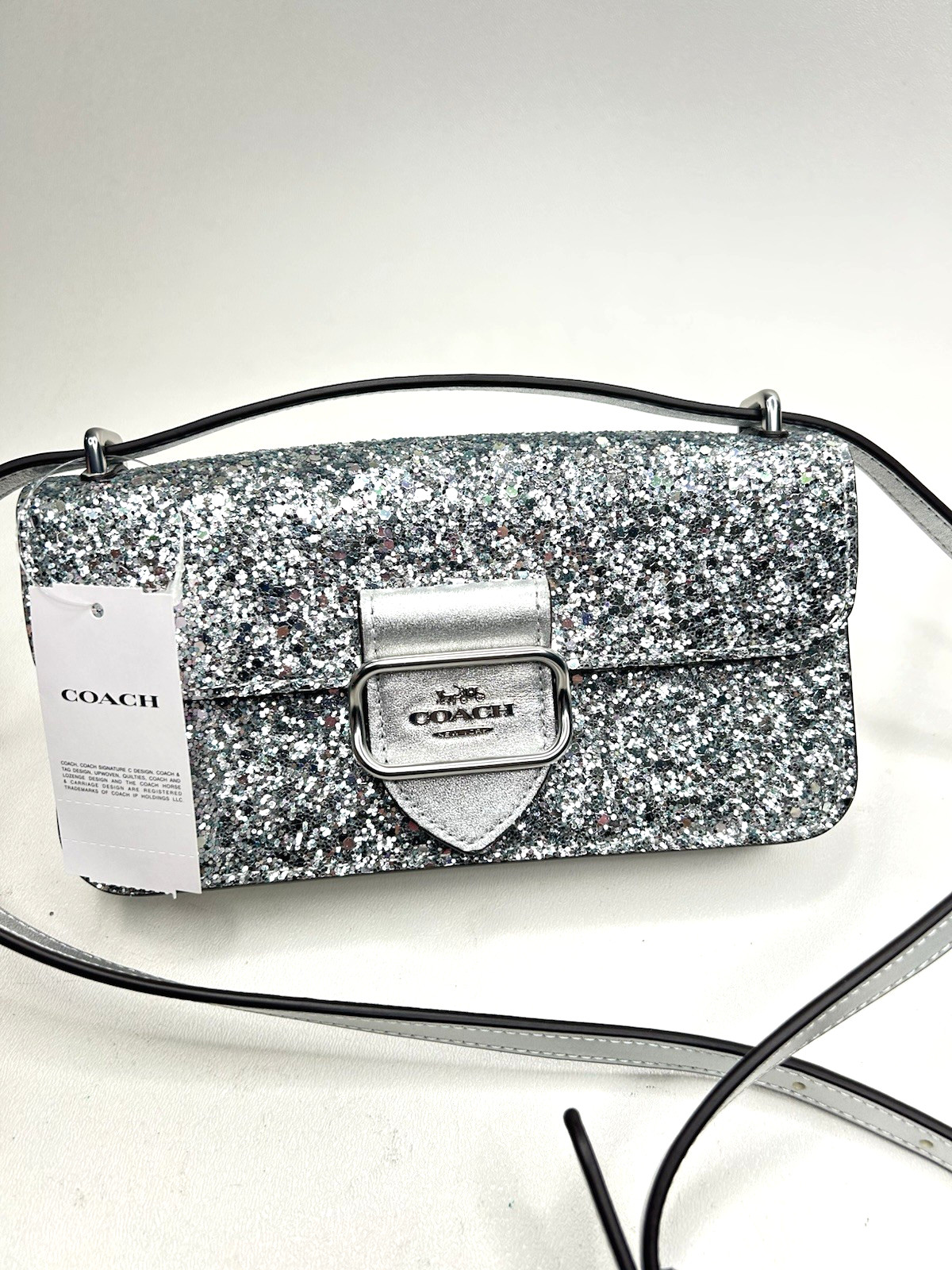 NWT COACH Morgan Crossbody / Clutch Bag in Silver Glitter Leather CO925 $360