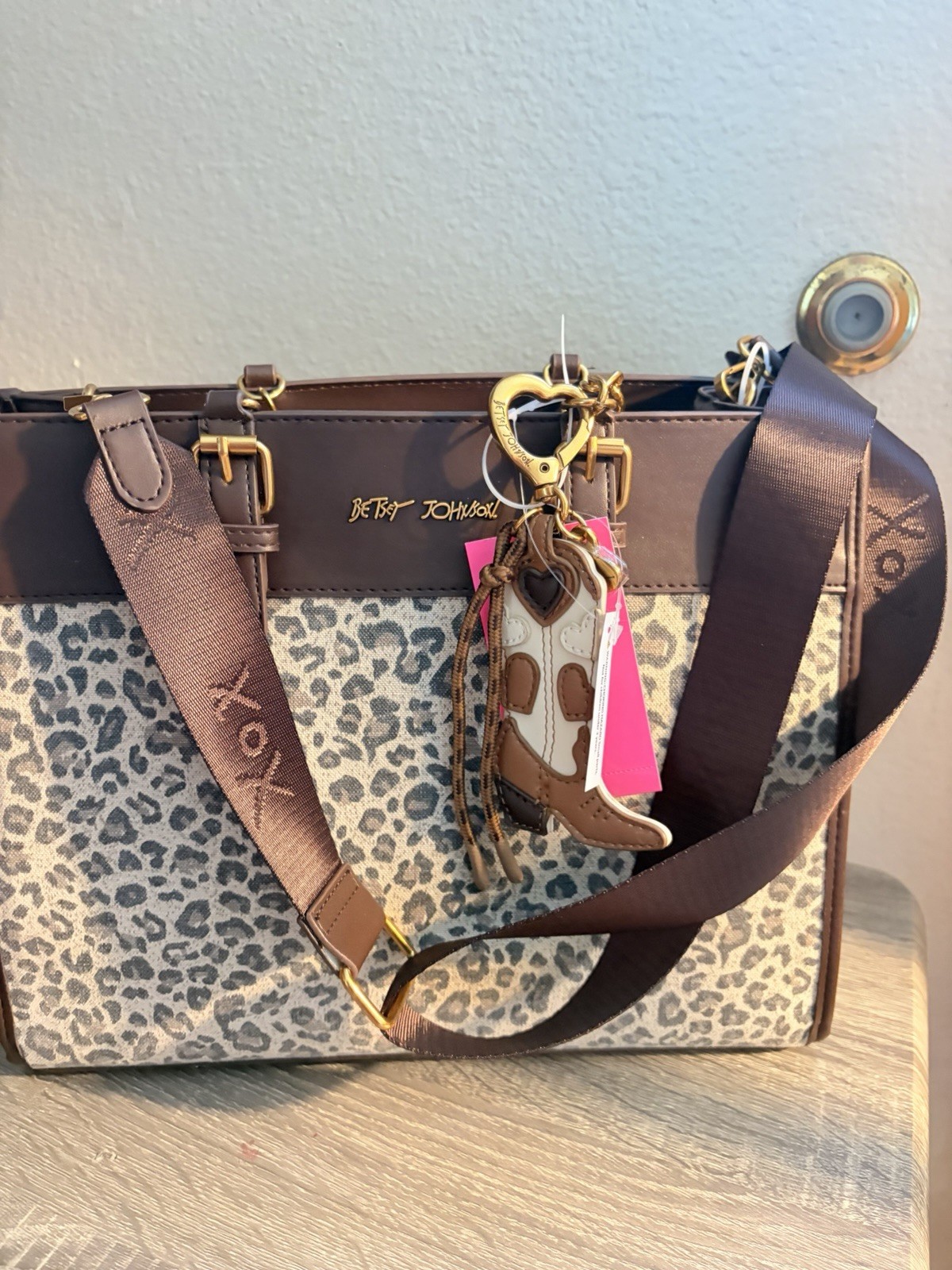 New Betsey Johnson Leopard Tote Cowboy Boot Bag Charm Fashion Western Brown