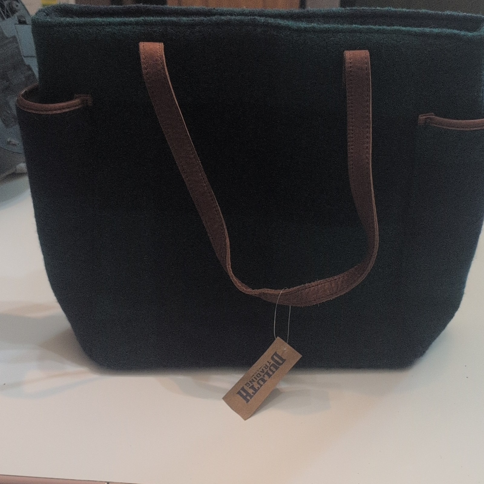 Hardy Green/Black Plaid Large Tote Brown Leather Straps Snap, Lined Pockets