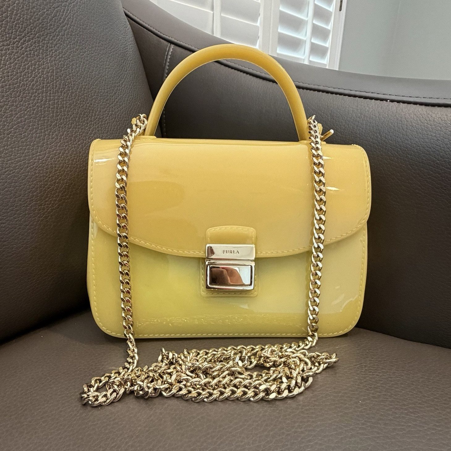 Furla Yellow Small Top Handle Bag Turn Lock w/ Detachable Chain Strap Gold