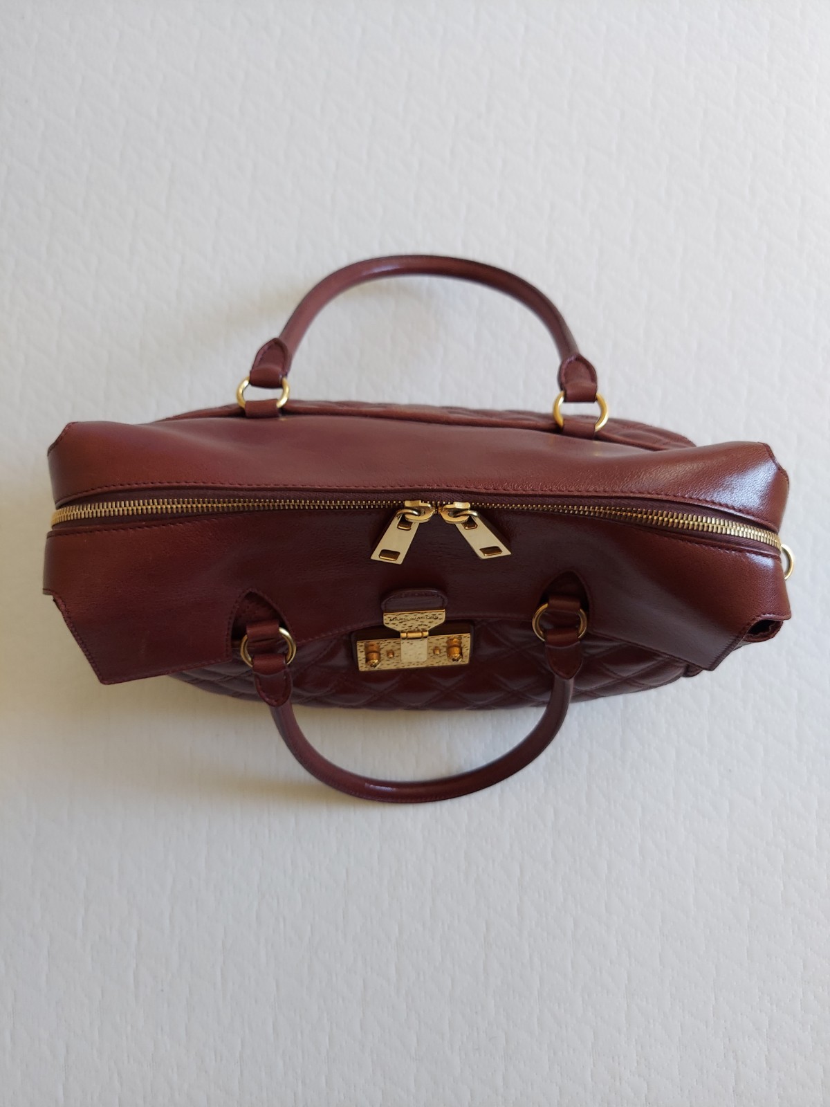 Marc Jacobs Brown Quilted Satchel Top Handle Zip/Turn Lock, Pockets Gold