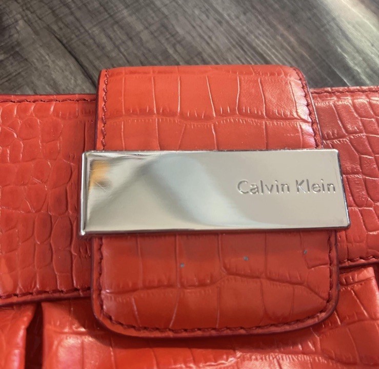 Calvin Klein Red Croc Embossed Satchel Top Handle Bag, Silver Hardware