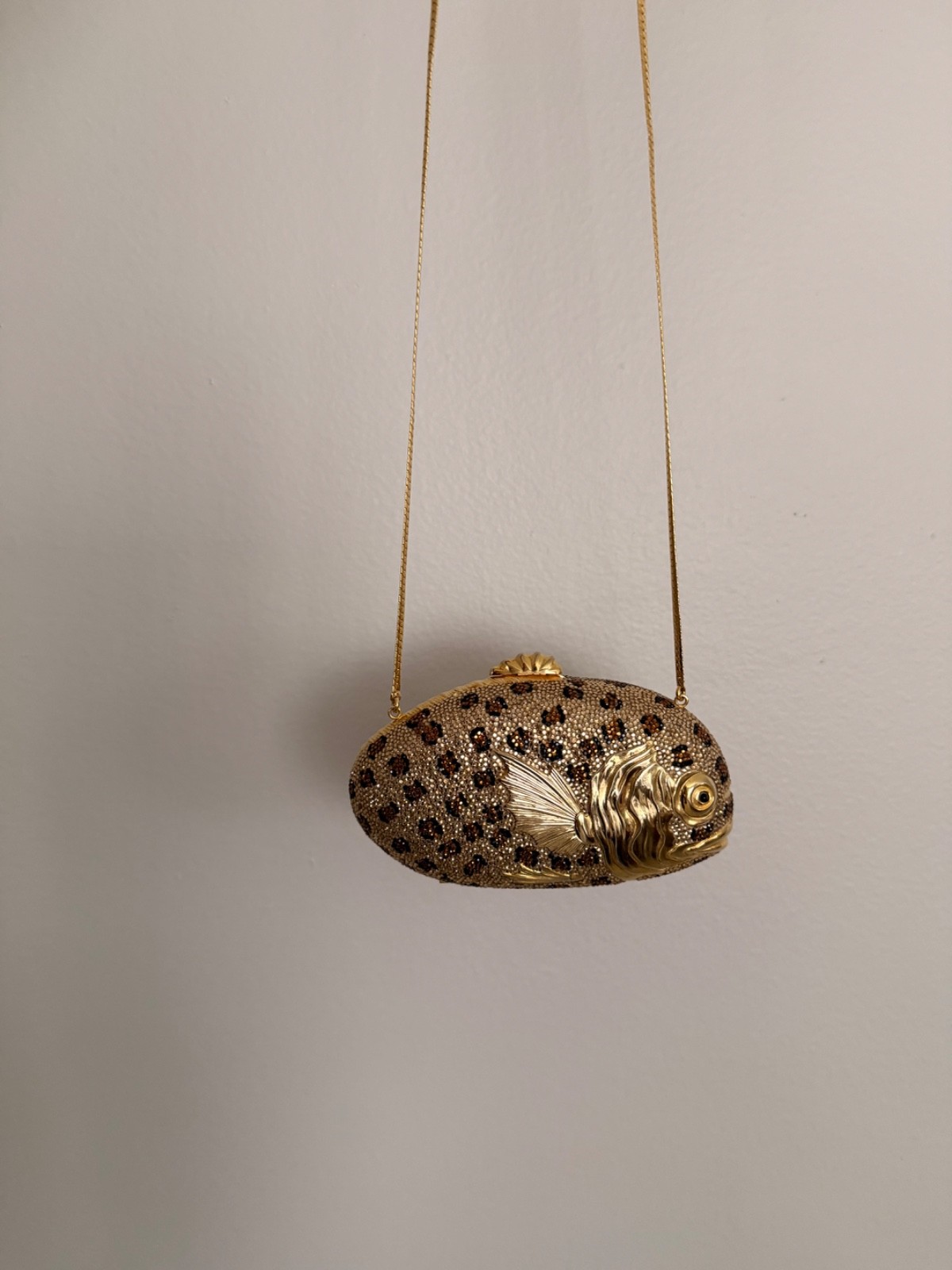 80s Judith Leiber Leopard Print Swarovski Crystal Fish Minaudière