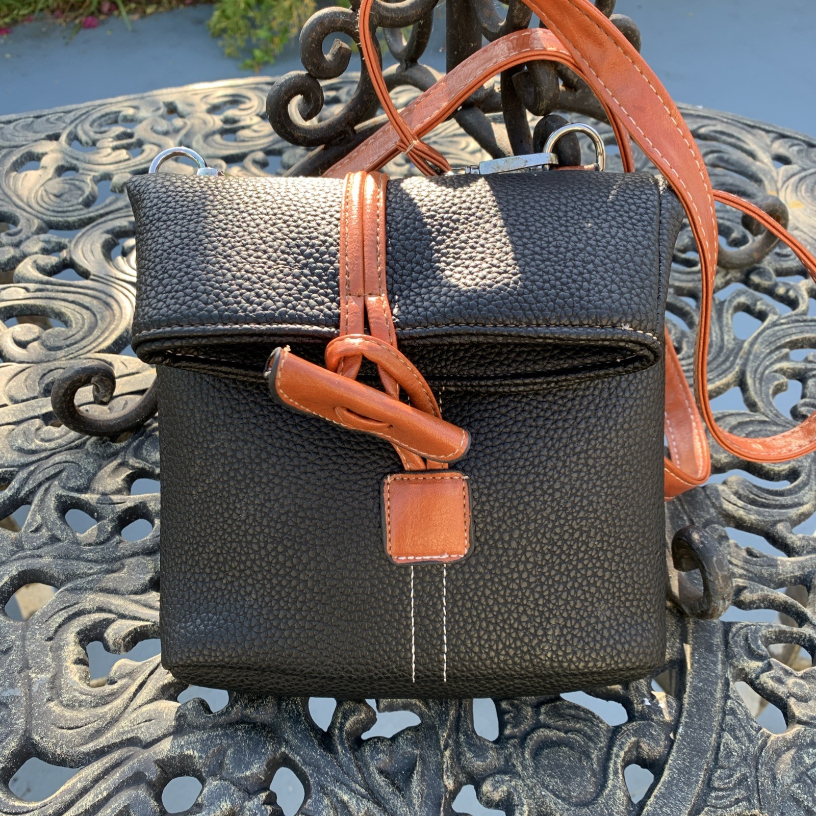 black with brown trim crossbody leather like purse