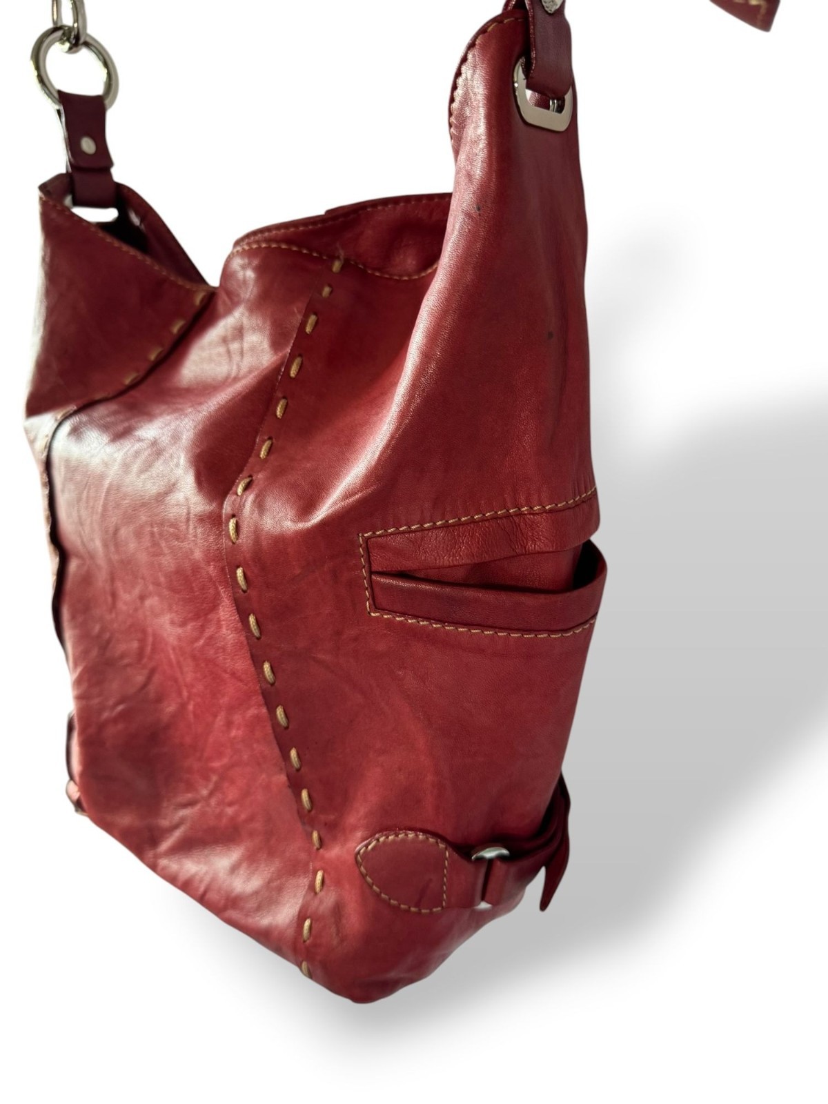 Nicoli Red Leather Shoulder Bag Adjustable Strap Soft Stitch Detail