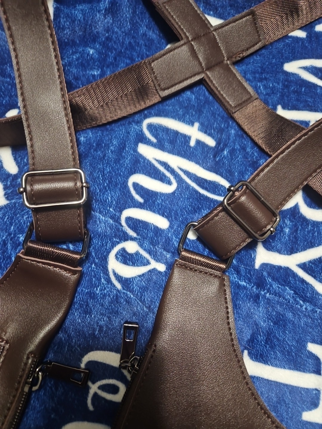 Black Faux Leather Shoulder Harness Carry Around Zip/Snap Pockets
