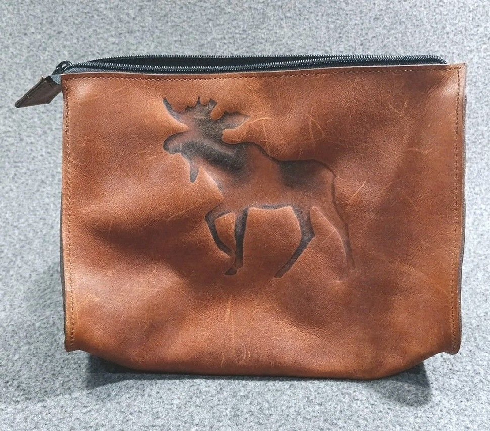 Two Bar West Brown Leather Moose Stamped Zipperd Satchel Bag