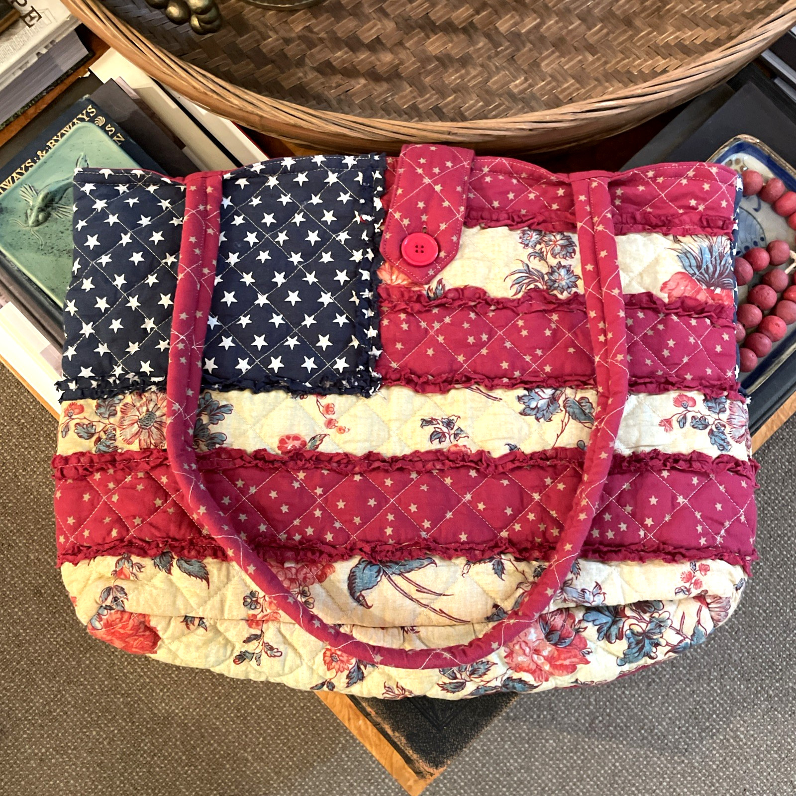 Victorian Trading Co Patriotic American Flag Quilted Tote Bag Purse Americana