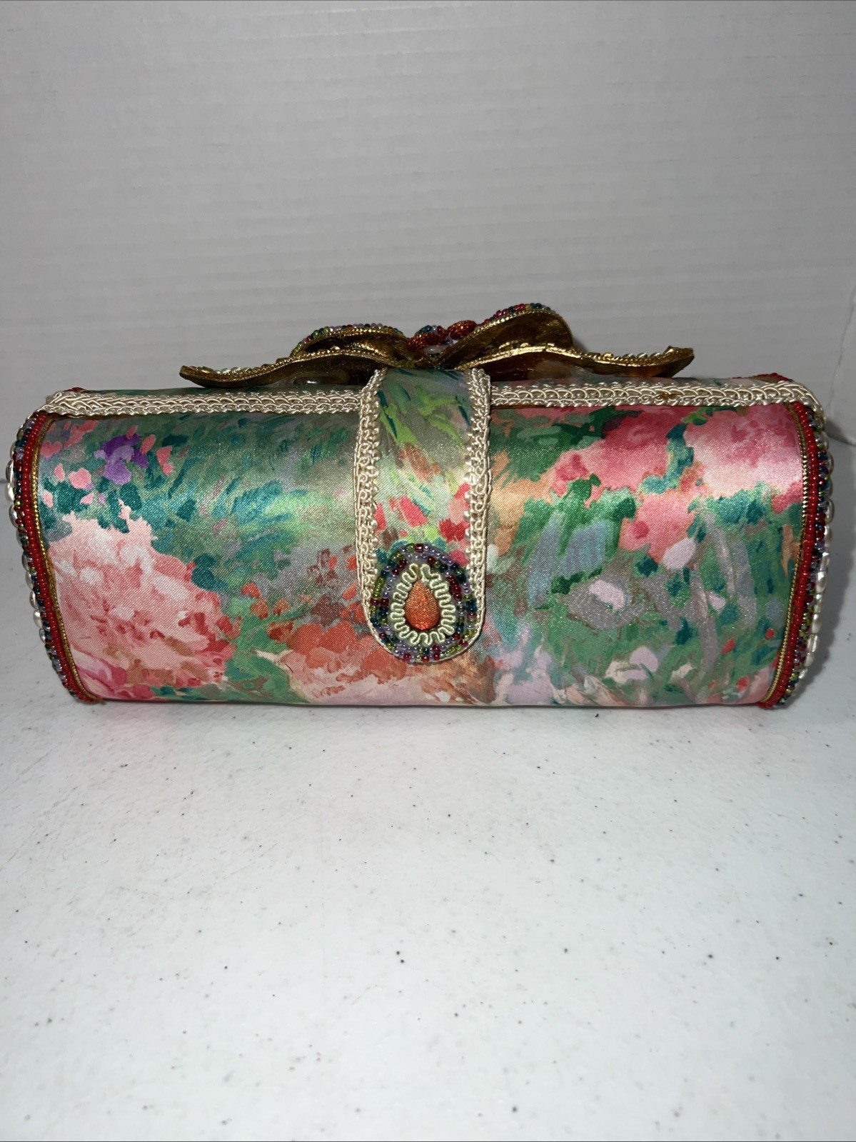 MARY FRANCES Butterfly Satin Silk Beaded Vintage Clutch With Strap
